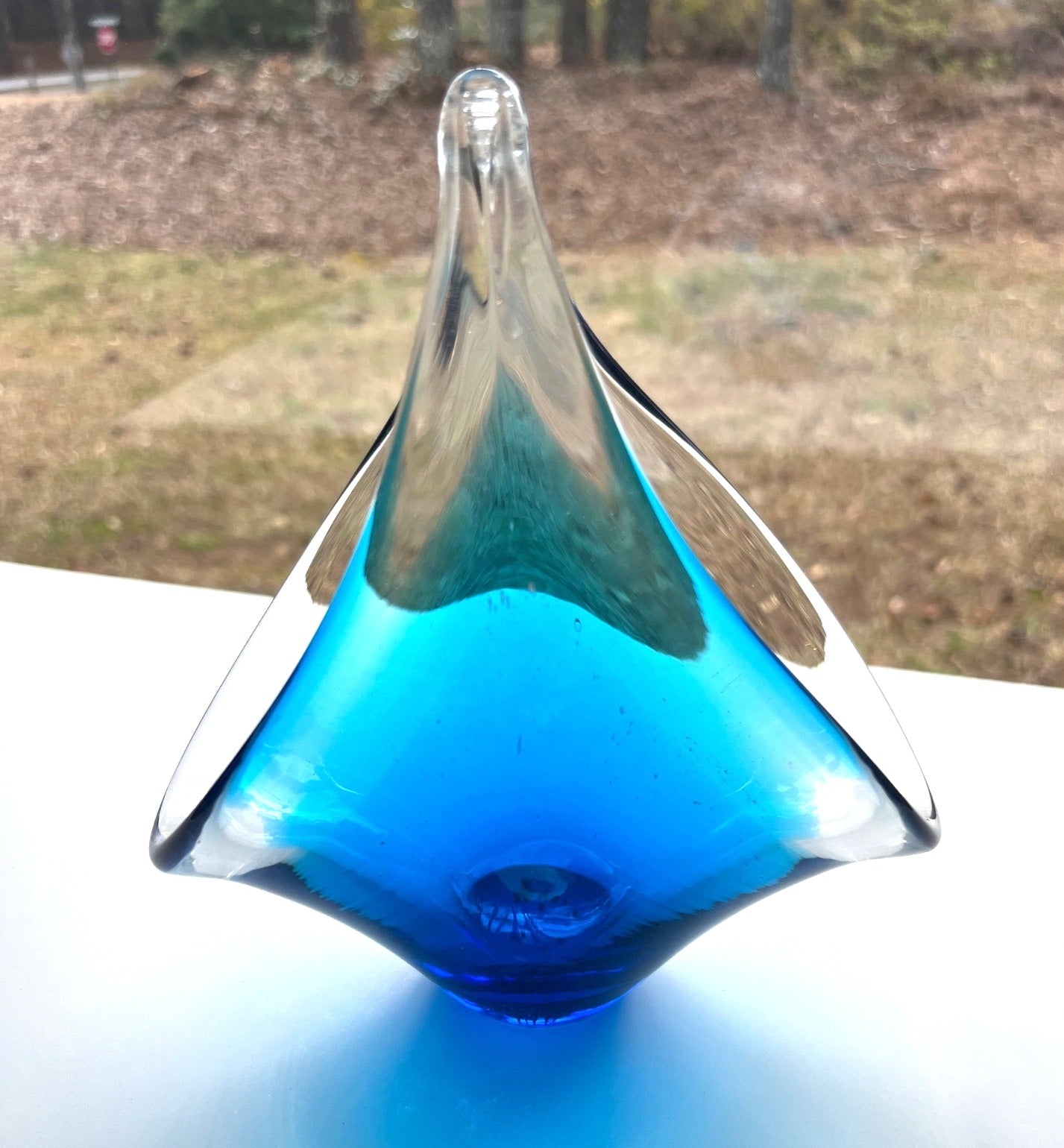 Vintage Murano Style Blue & Clear Venetian Art Glass Teardrop Sculpture 7" tall