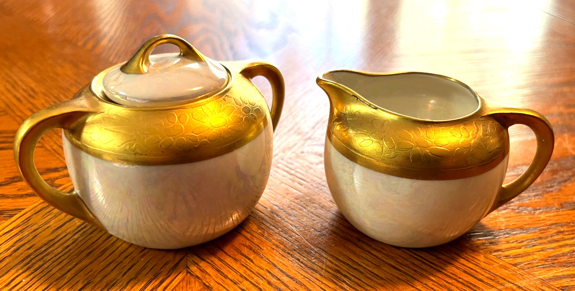 Vintage Gold & Iridescent Lusterware White Porcelain Sugar Bowl & Creamer Set With Lid 1940's Art Deco