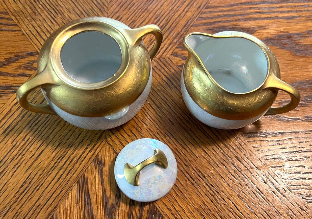 Vintage Gold & Iridescent Lusterware White Porcelain Sugar Bowl & Creamer Set With Lid 1940's Art Deco