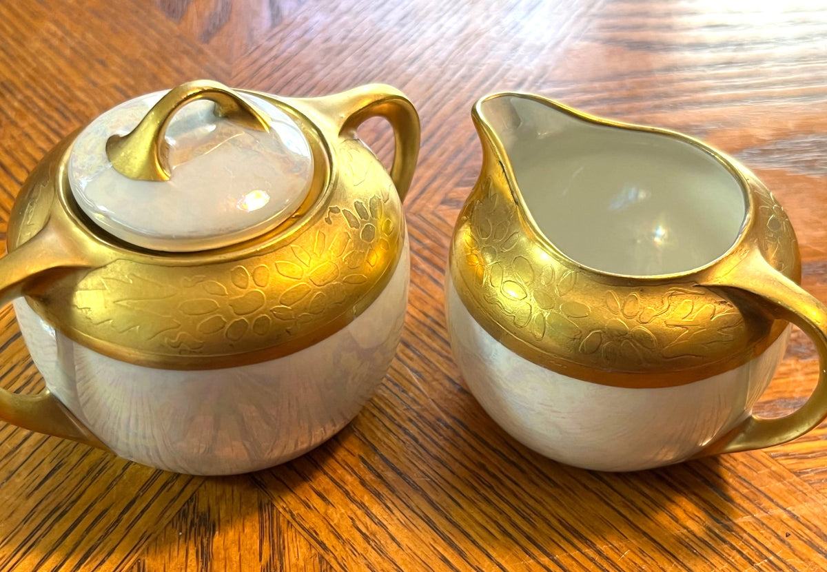 Vintage Gold & Iridescent Lusterware White Porcelain Sugar Bowl & Creamer Set With Lid 1940's Art Deco