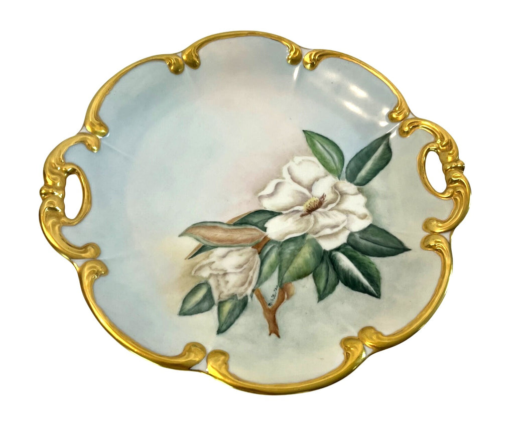 Antique Hand-Painted Bavarian Germany P T Tirschenreuth Porcelain Plate With Gold Trim & Magnolia Design
