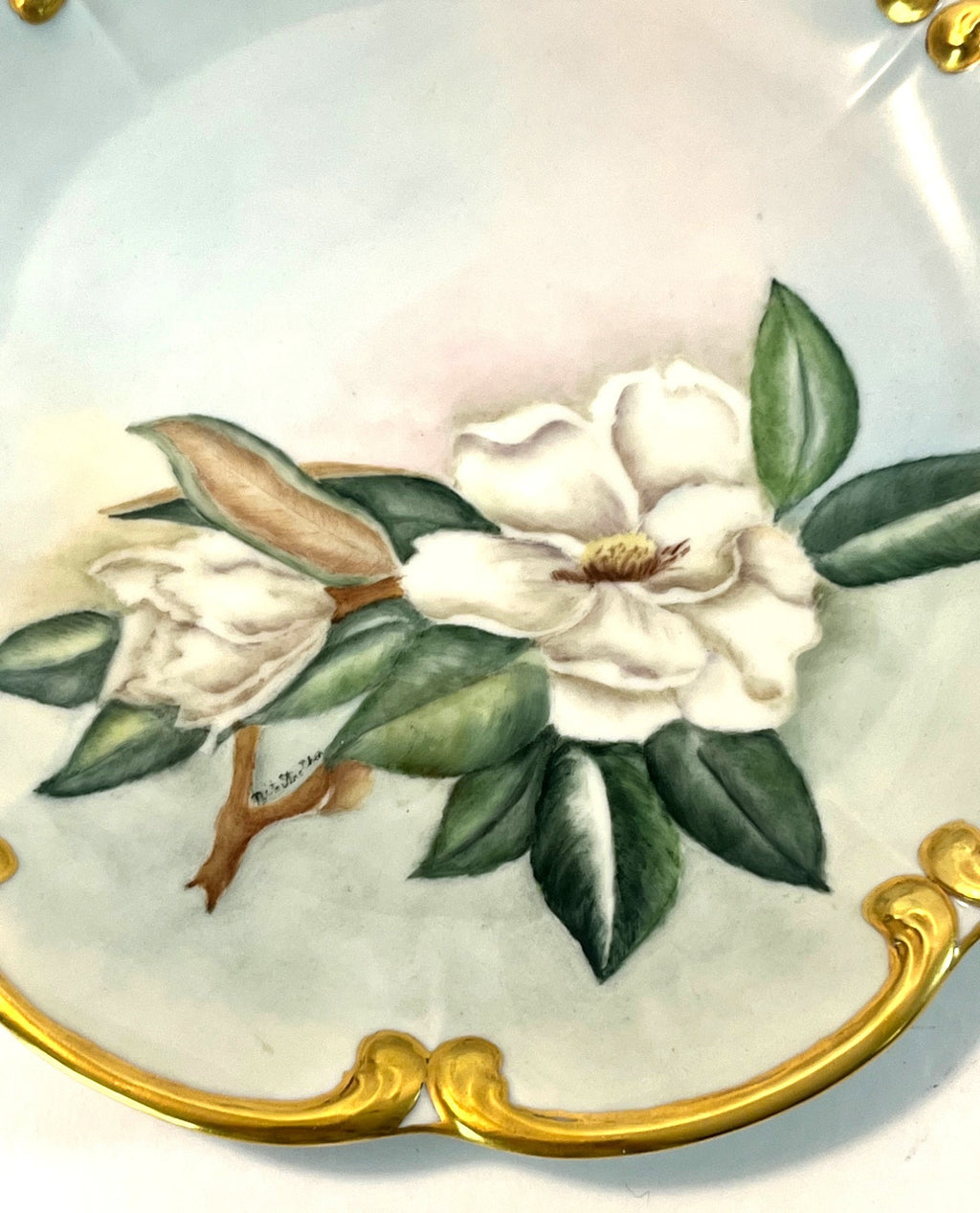 Antique Hand-Painted Bavarian Germany P T Tirschenreuth Porcelain Plate With Gold Trim & Magnolia Design