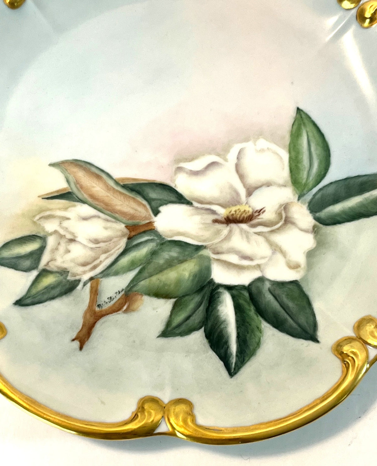 Antique Hand-Painted Bavarian Germany P T Tirschenreuth Porcelain Plate With Gold Trim & Magnolia Design
