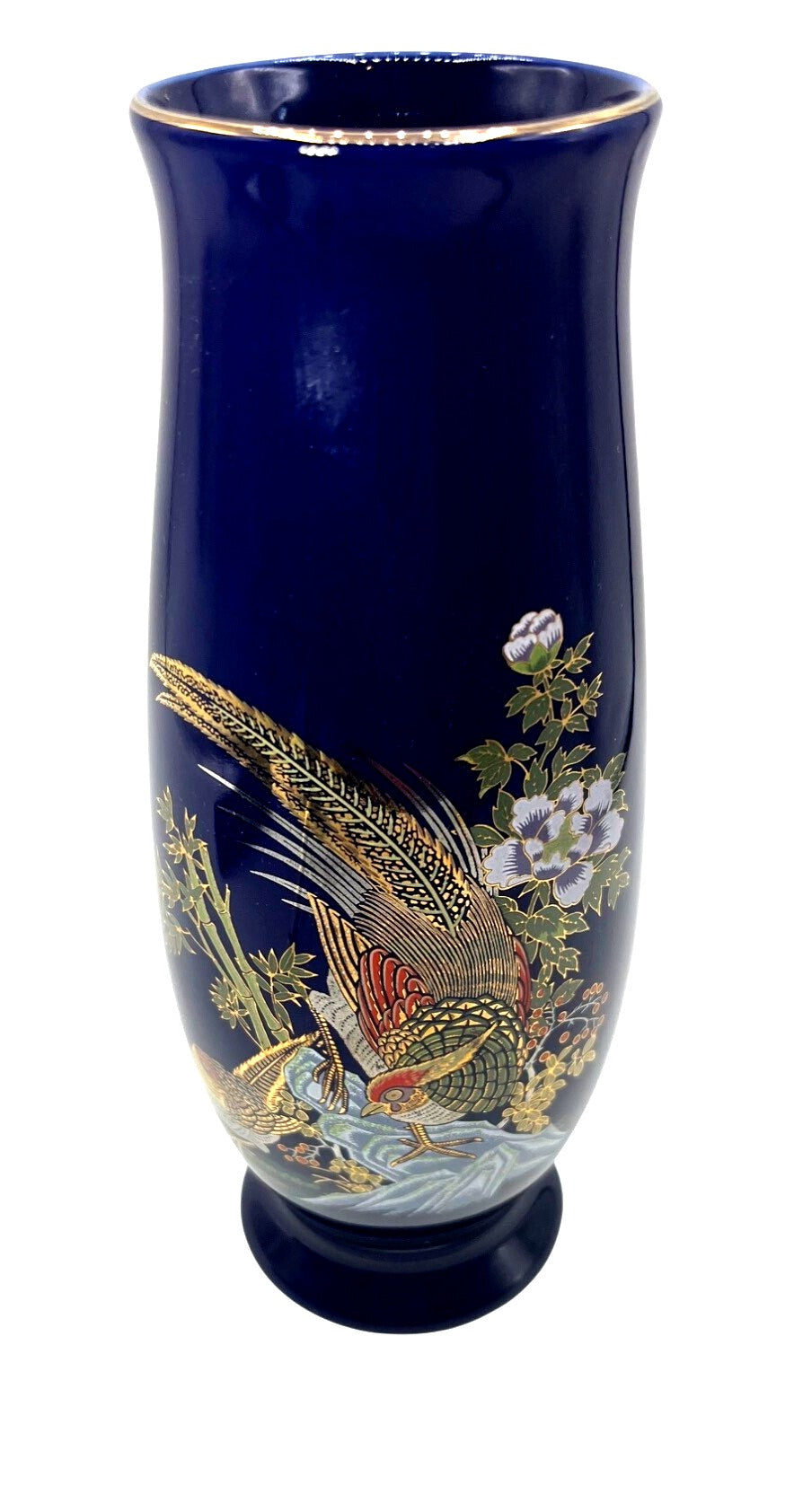 Vintage Cobalt Blue Cloisonné Vase With Gold Accents & Bird Motif Made in Taiwan 6" high