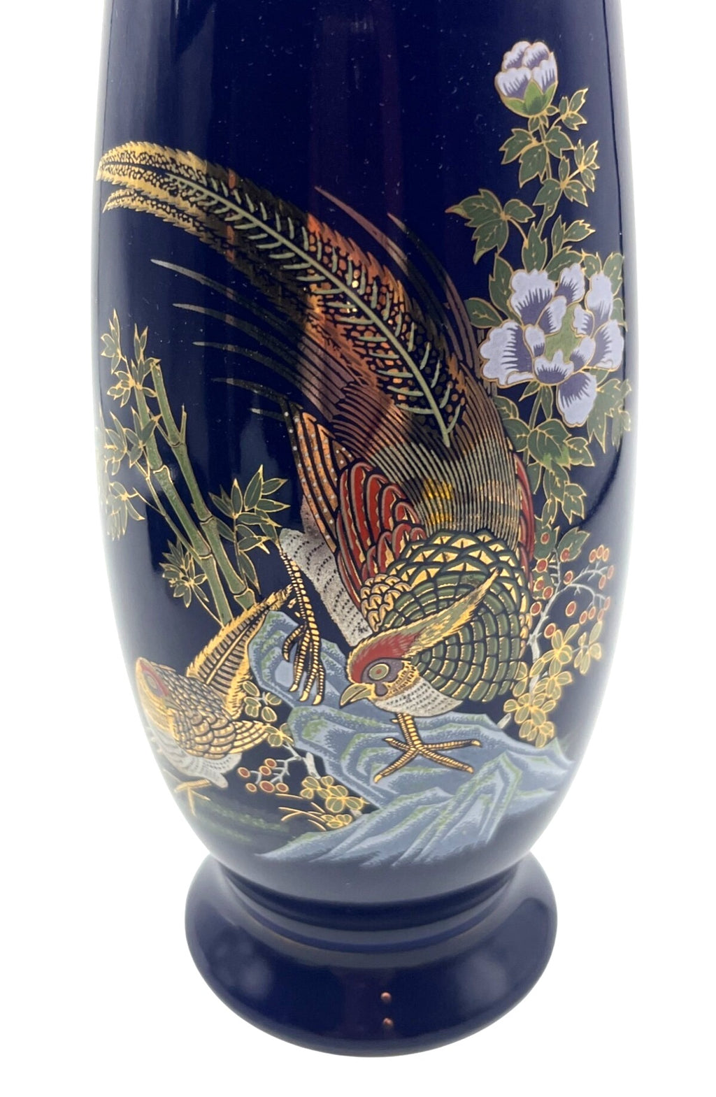 Vintage Cobalt Blue Cloisonné Vase With Gold Accents & Bird Motif Made in Taiwan 6" high