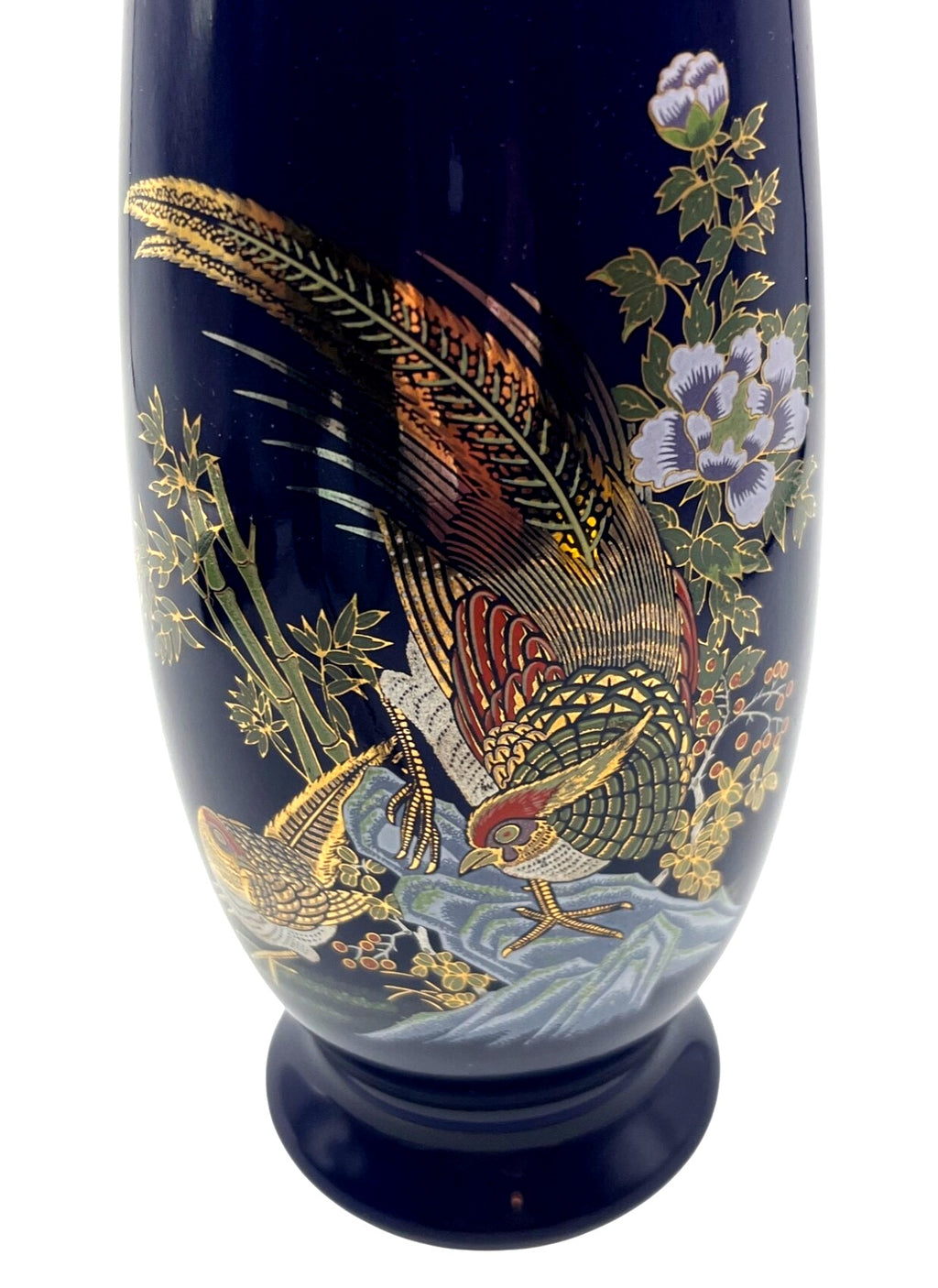 Vintage Cobalt Blue Cloisonné Vase With Gold Accents & Bird Motif Made in Taiwan 6" high