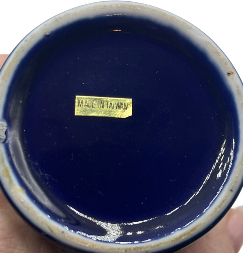 Vintage Cobalt Blue Cloisonné Vase With Gold Accents & Bird Motif Made in Taiwan 6" high