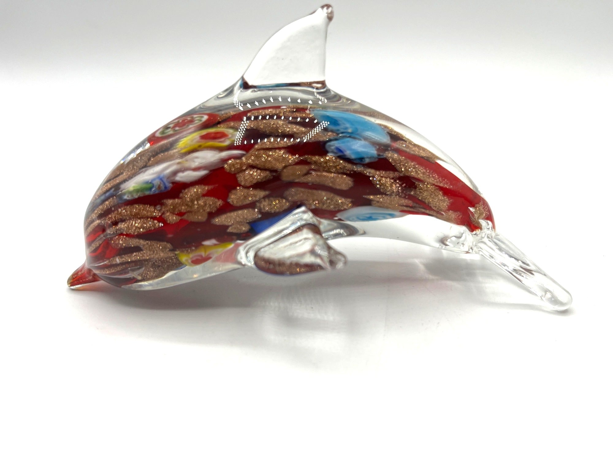 Handcrafted Murano-Style Glass Dolphin Figurine With Multicolor Floral & Gold Accents 5" long