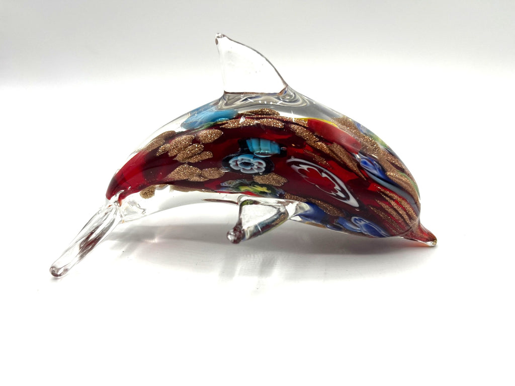 Handcrafted Murano-Style Glass Dolphin Figurine With Multicolor Floral & Gold Accents 5" long