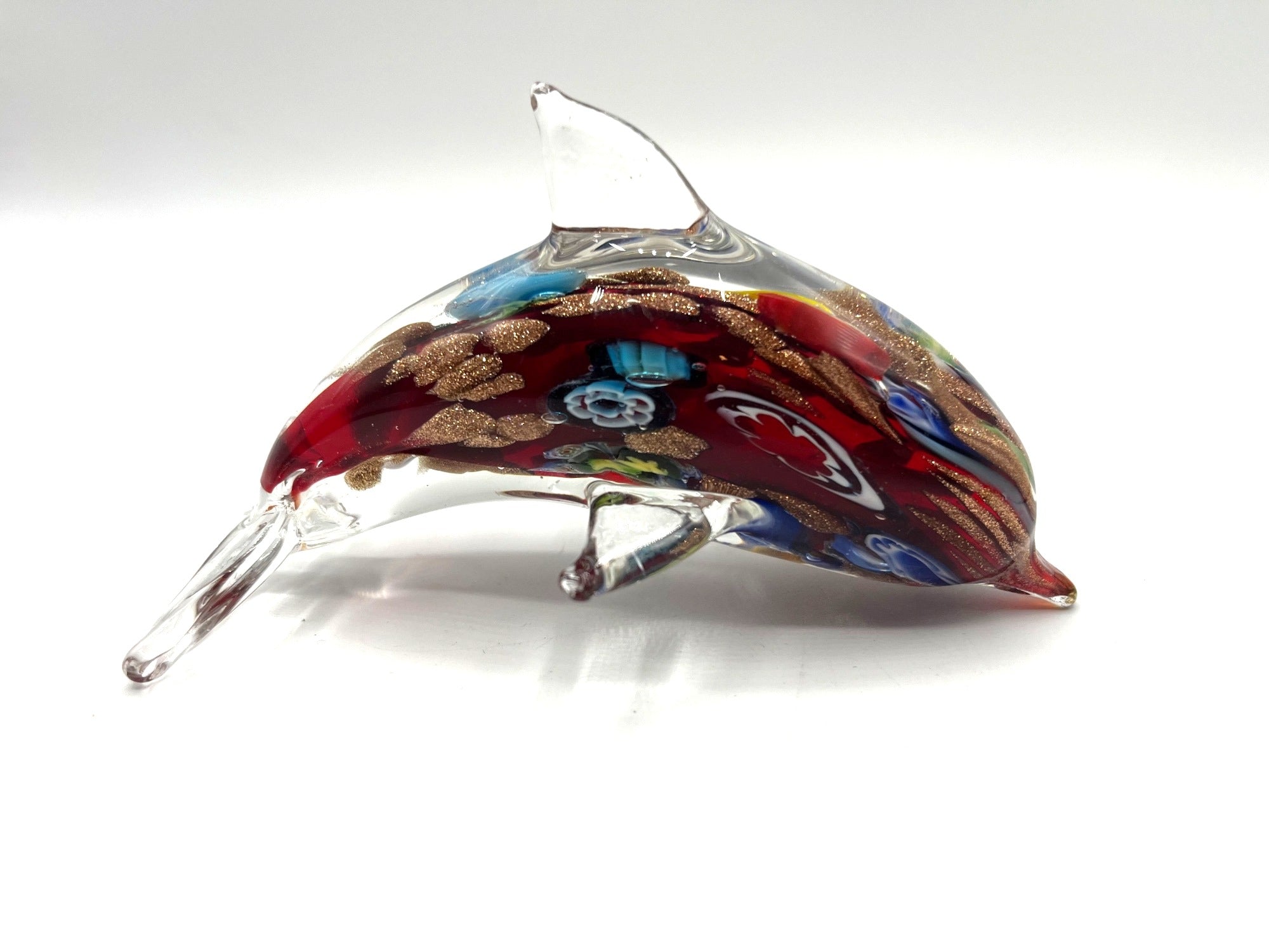 Handcrafted Murano-Style Glass Dolphin Figurine With Multicolor Floral & Gold Accents 5" long