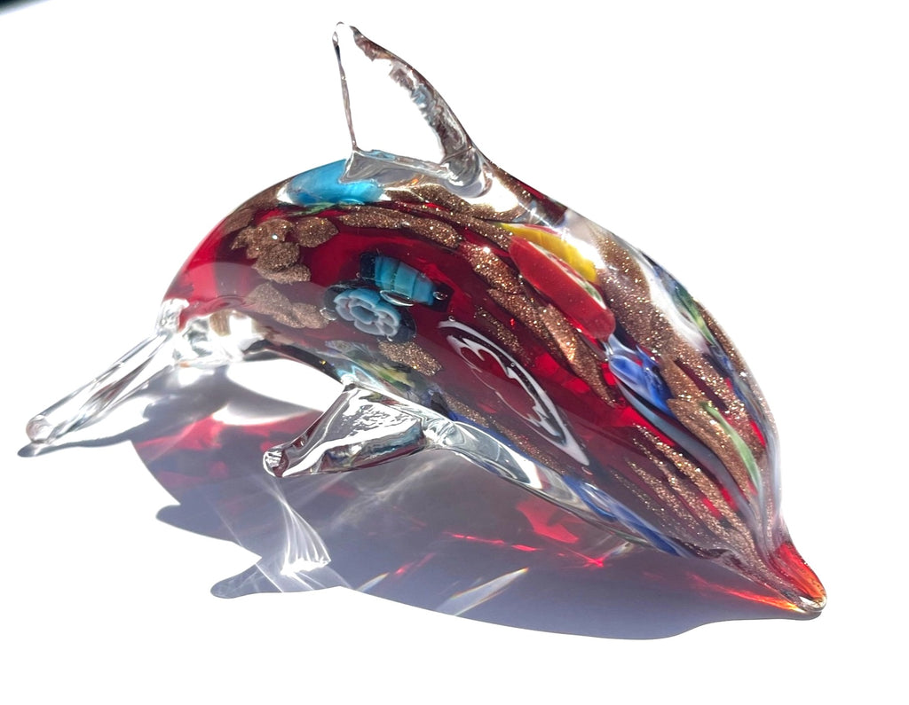 Handcrafted Murano-Style Glass Dolphin Figurine With Multicolor Floral & Gold Accents 5" long
