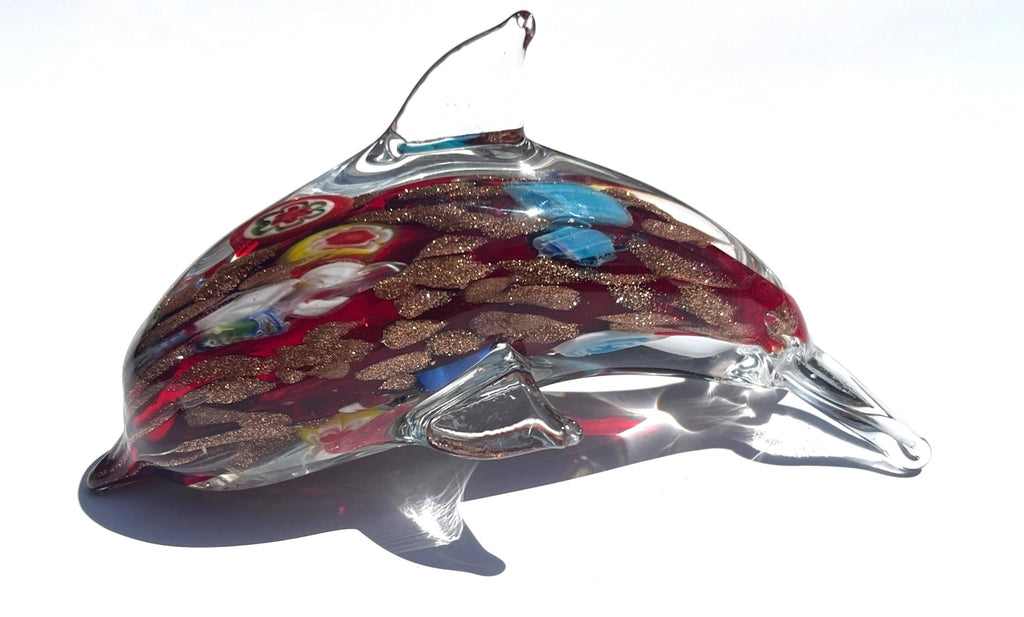 Handcrafted Murano-Style Glass Dolphin Figurine With Multicolor Floral & Gold Accents 5" long