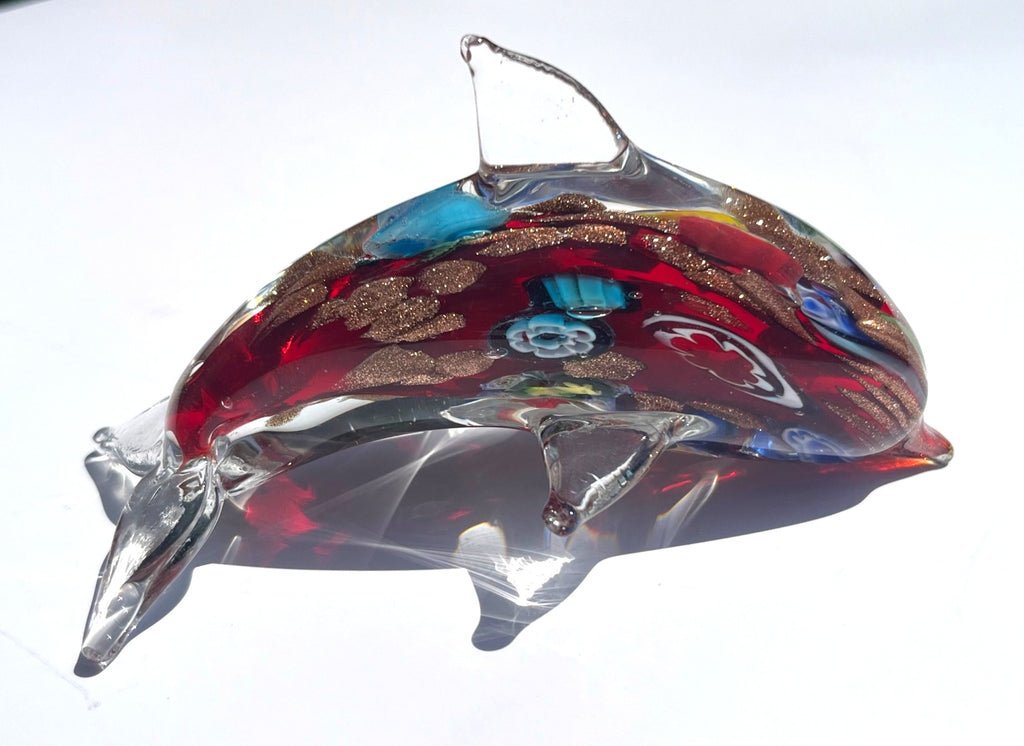 Handcrafted Murano-Style Glass Dolphin Figurine With Multicolor Floral & Gold Accents 5" long