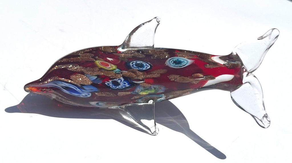 Handcrafted Murano-Style Glass Dolphin Figurine With Multicolor Floral & Gold Accents 5" long
