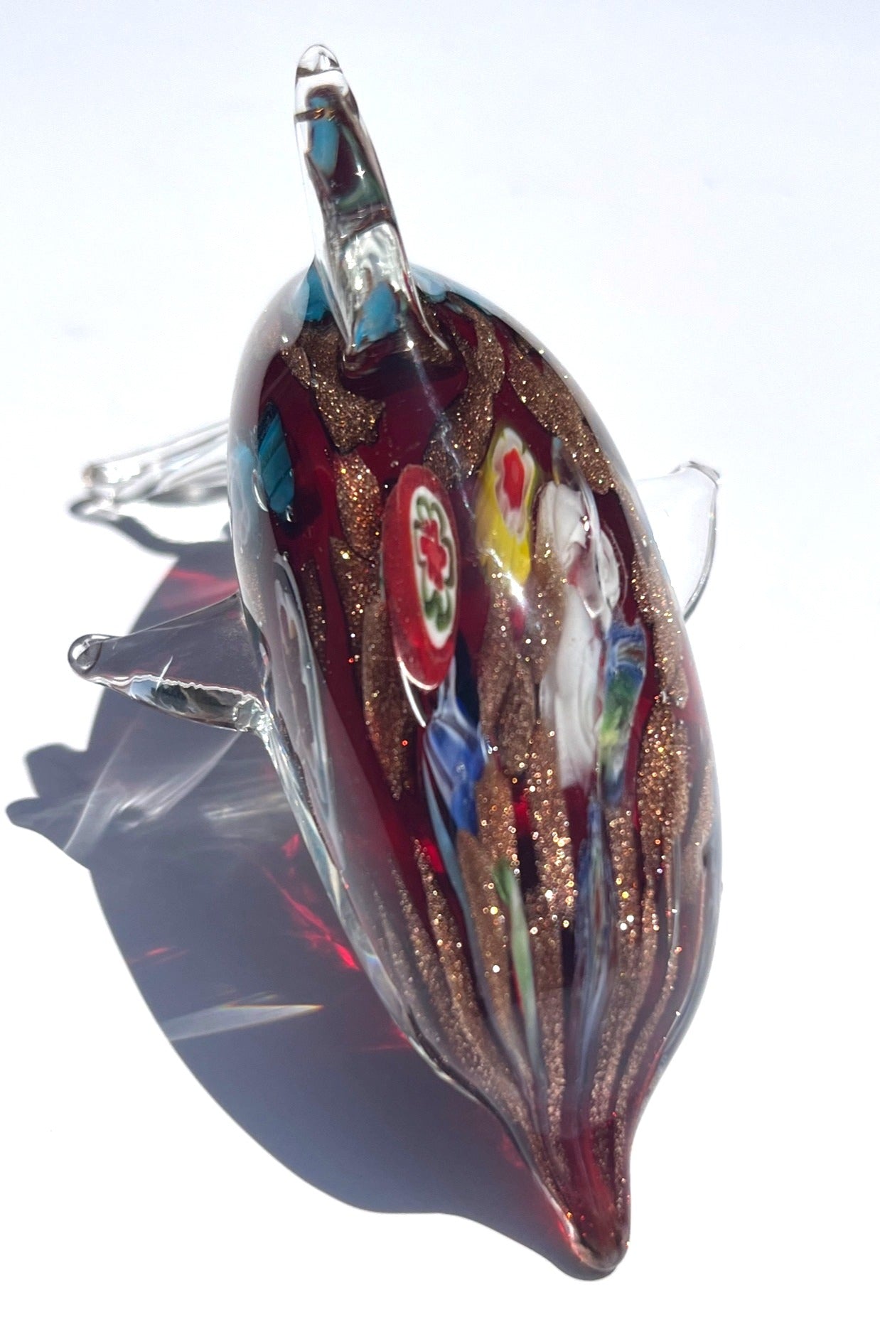 Handcrafted Murano-Style Glass Dolphin Figurine With Multicolor Floral & Gold Accents 5" long