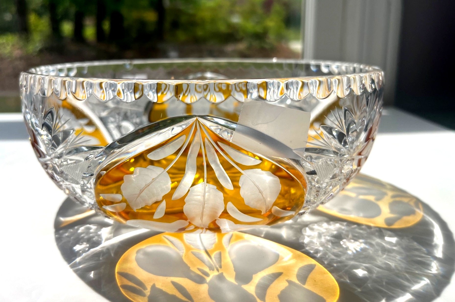 Vintage Czech Bohemian Amber Cut-to-Clear Lead Crystal Bowl Crystal Bowl With Starburst Details 8" diameter