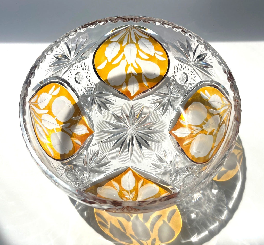 Vintage Czech Bohemian Amber Cut-to-Clear Lead Crystal Bowl Crystal Bowl With Starburst Details 8" diameter
