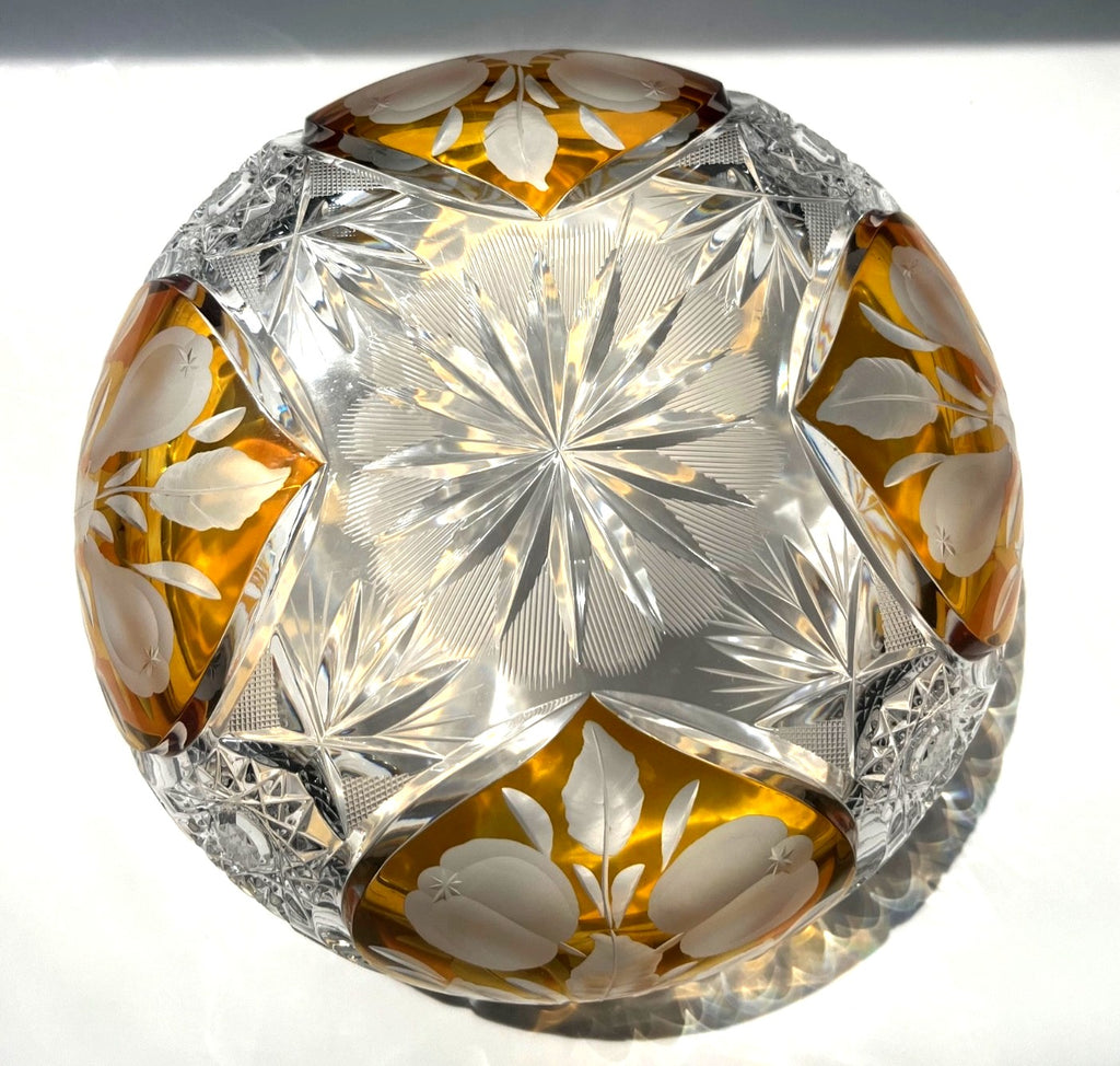 Vintage Czech Bohemian Amber Cut-to-Clear Lead Crystal Bowl Crystal Bowl With Starburst Details 8" diameter