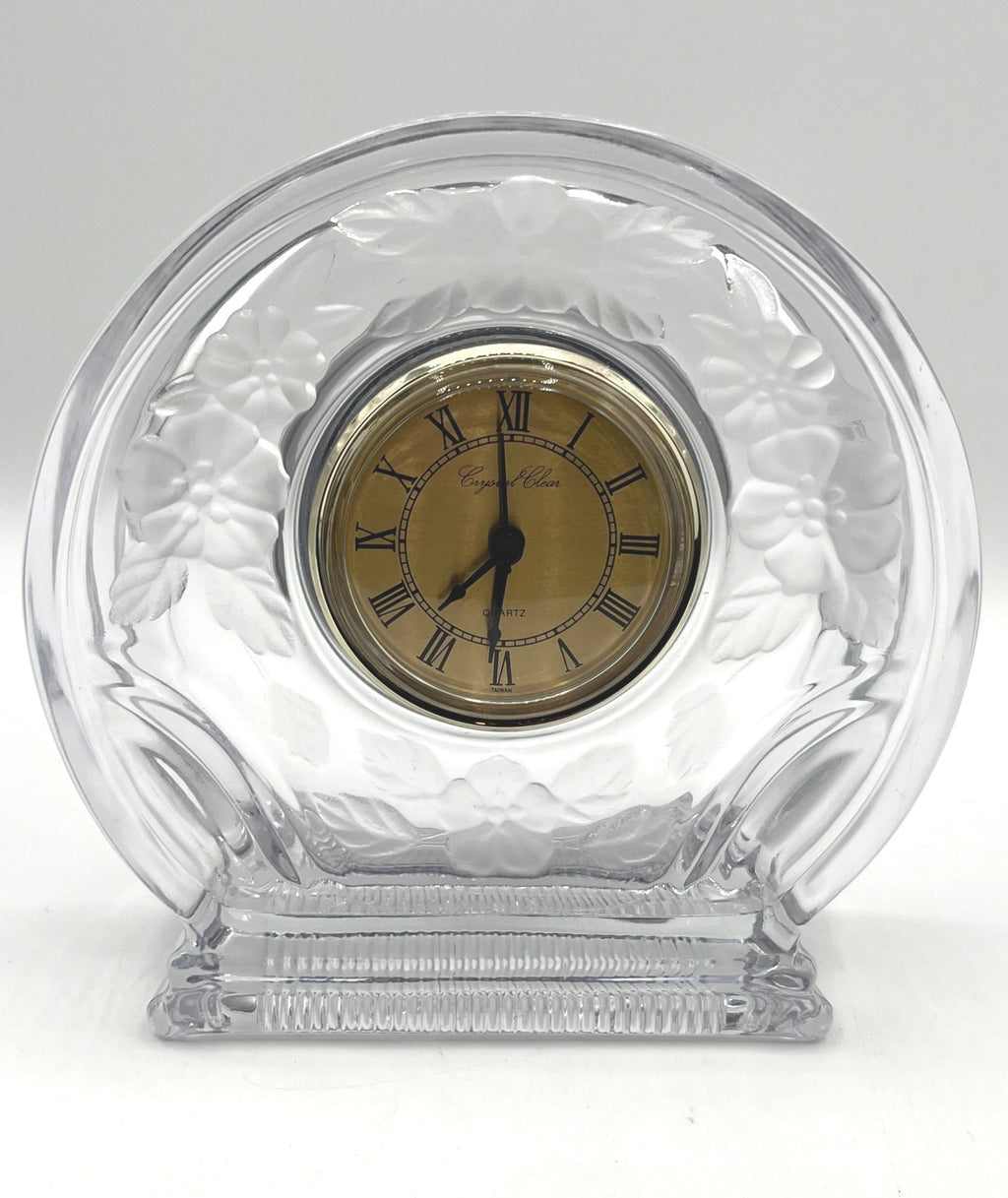 Crystal Clear Studios Etched Flowers Glass Desk Clock With Gold Roman Numeral Face 6.5 x 6.5"