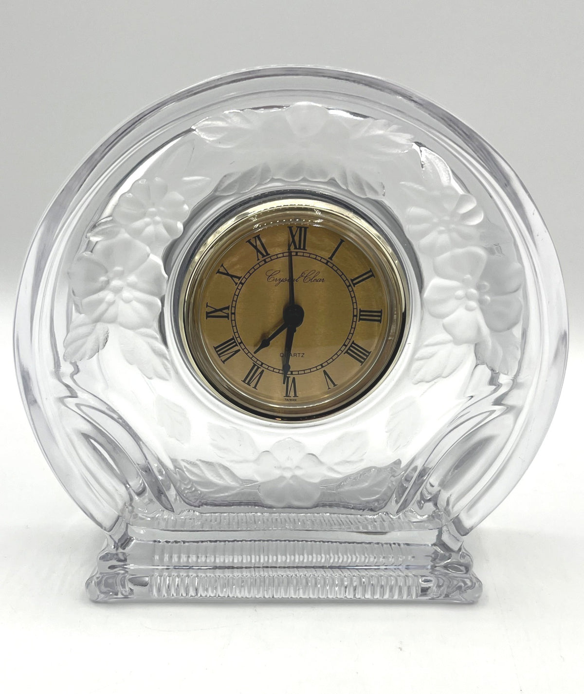 Crystal Clear Studios Etched Flowers Glass Desk Clock With Gold Roman Numeral Face 6.5 x 6.5"