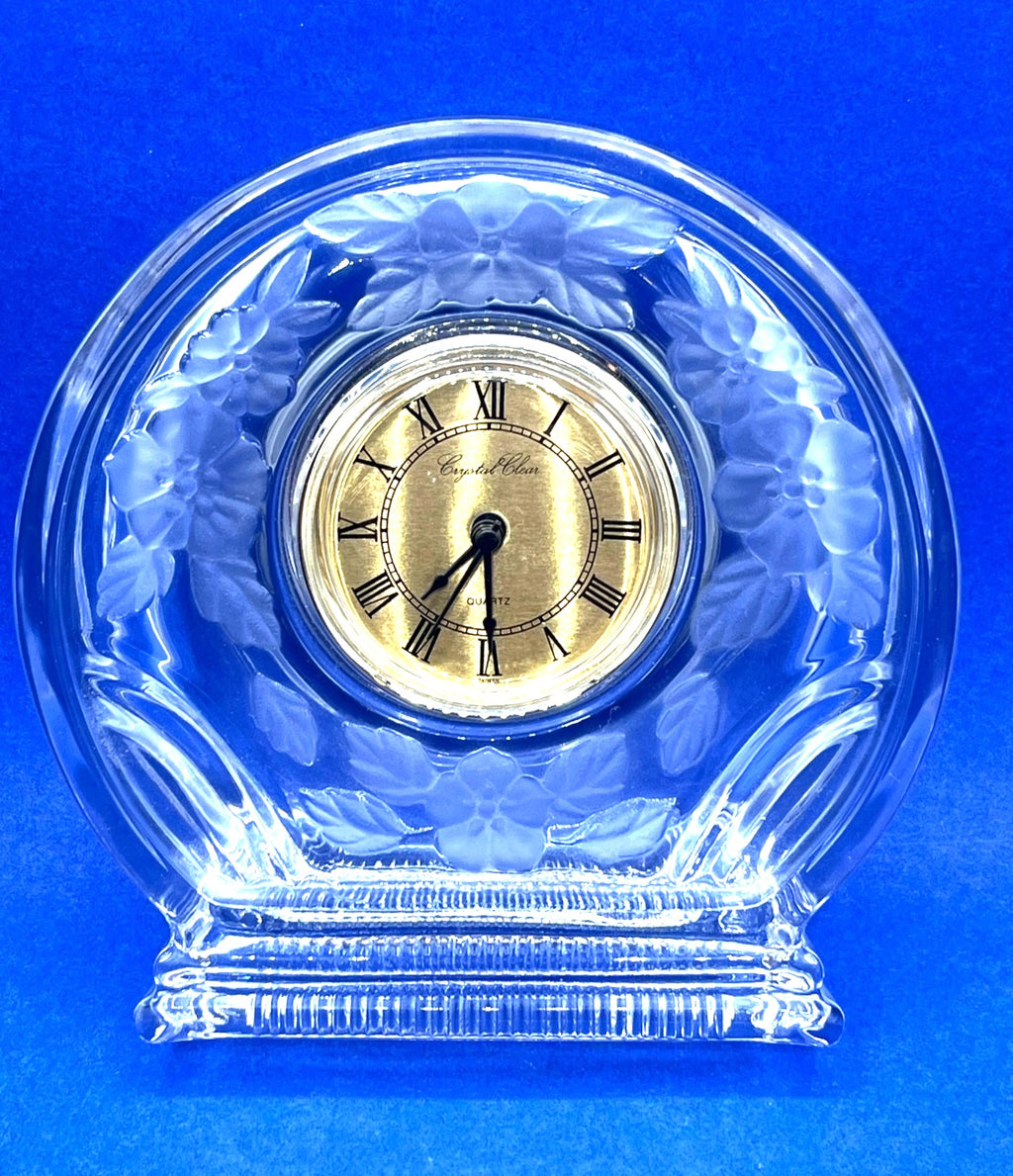 Crystal Clear Studios Etched Flowers Glass Desk Clock With Gold Roman Numeral Face 6.5 x 6.5"