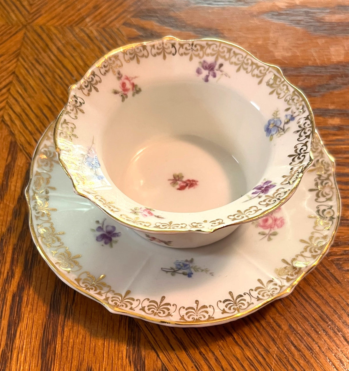 Antique KPM Germany Hand-Painted Floral Bone China Small Bowl & Saucer Set With Gold Trim