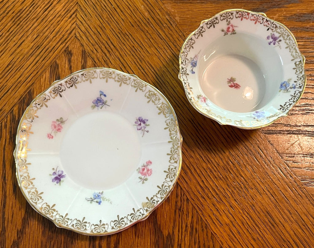 Antique KPM Germany Hand-Painted Floral Bone China Small Bowl & Saucer Set With Gold Trim