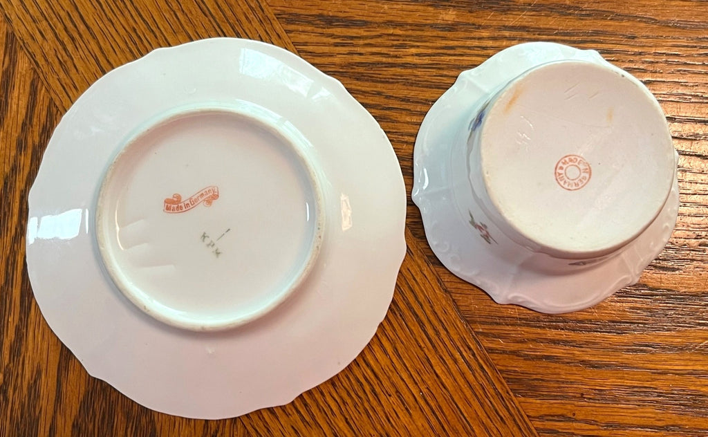 Antique KPM Germany Hand-Painted Floral Bone China Small Bowl & Saucer Set With Gold Trim