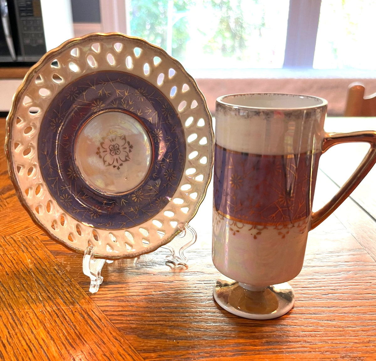 Vintage Norcrest Porcelain Demitasse Cup & Saucer Set With Gold Trim Lusterware Iridescent Finish Purple & Floral Design Reticulated Saucer
