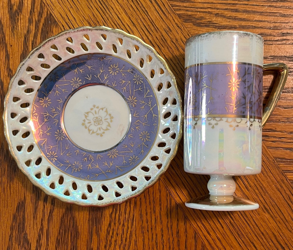 Vintage Norcrest Porcelain Demitasse Cup & Saucer Set With Gold Trim Lusterware Iridescent Finish Purple & Floral Design Reticulated Saucer