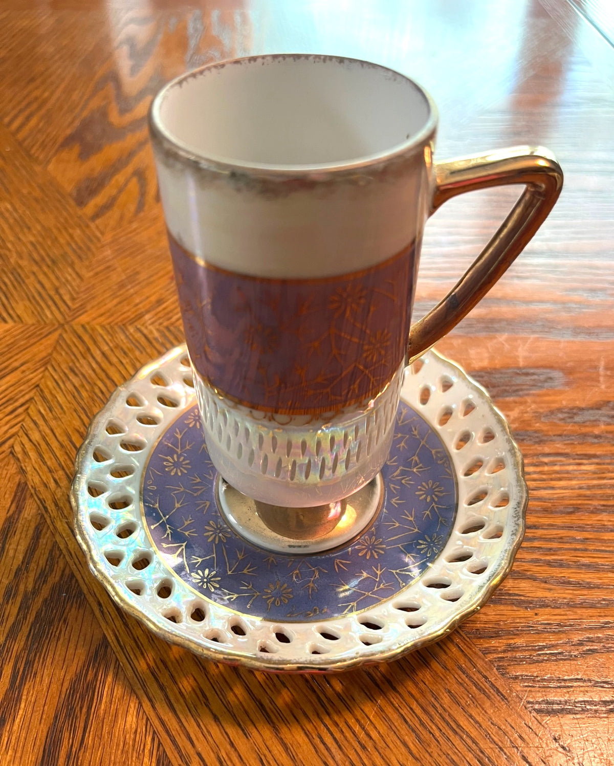 Vintage Norcrest Porcelain Demitasse Cup & Saucer Set With Gold Trim Lusterware Iridescent Finish Purple & Floral Design Reticulated Saucer