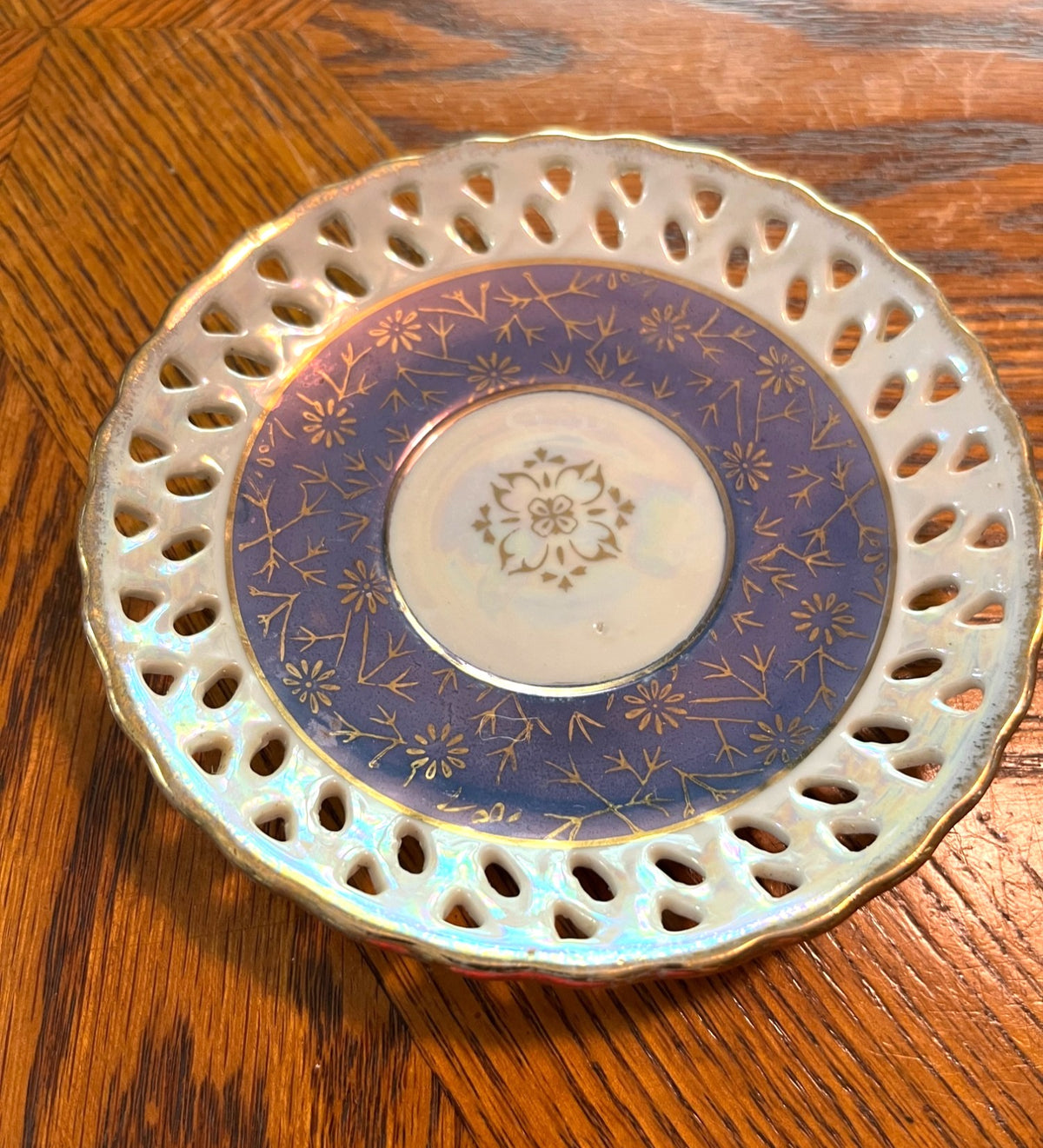 Vintage Norcrest Porcelain Demitasse Cup & Saucer Set With Gold Trim Lusterware Iridescent Finish Purple & Floral Design Reticulated Saucer