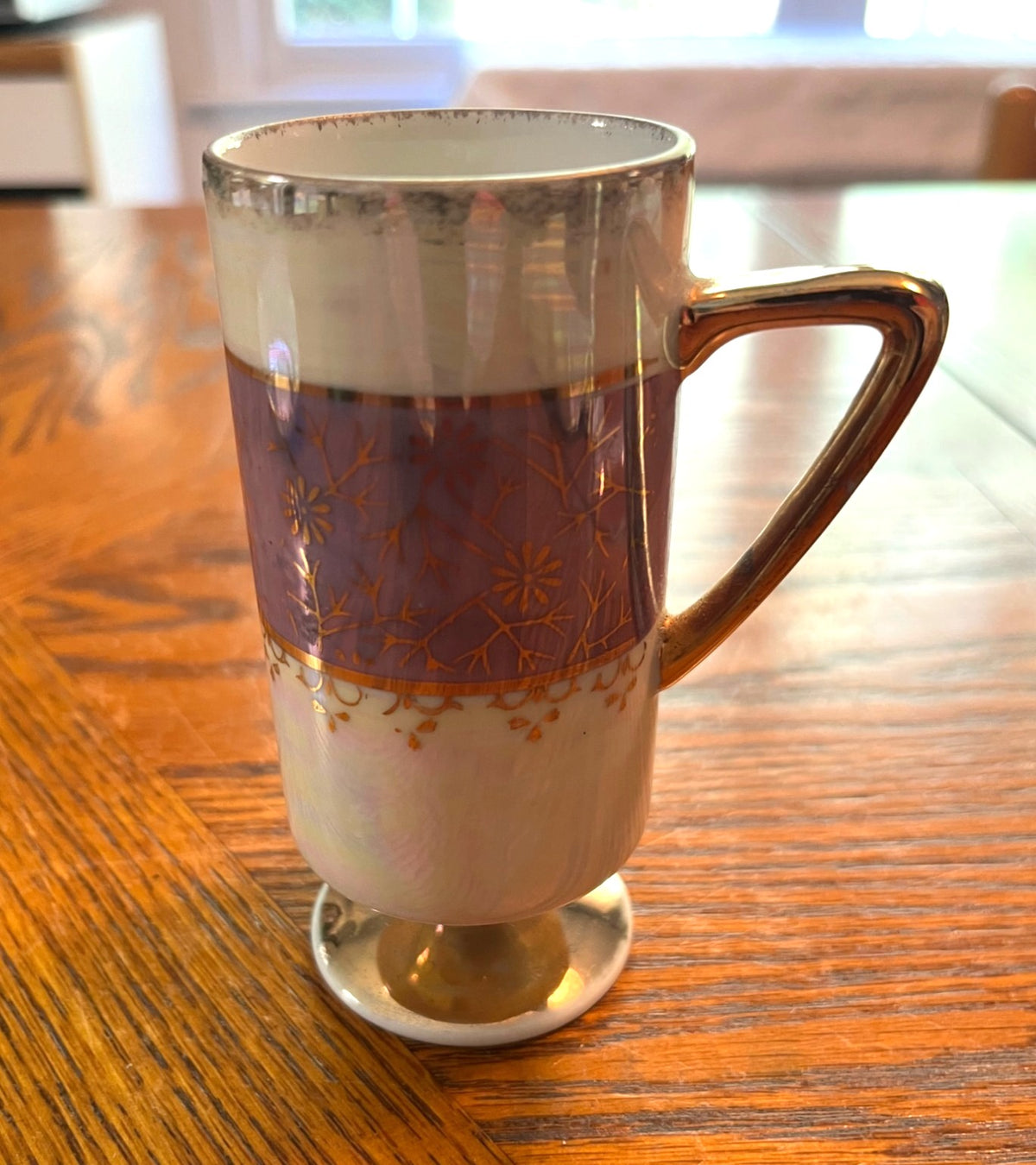 Vintage Norcrest Porcelain Demitasse Cup & Saucer Set With Gold Trim Lusterware Iridescent Finish Purple & Floral Design Reticulated Saucer
