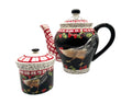 Bella Casa by Ganz Hand-Painted Ceramic Rooster & Strawberry Teapot and Sugar Bowl With Lid Black & Red Rustic Farmhouse Decor