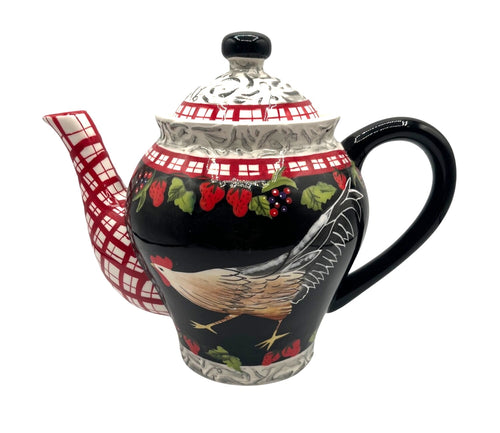 Bella Casa by Ganz Hand-Painted Ceramic Rooster & Strawberry Teapot and Sugar Bowl With Lid Black & Red Rustic Farmhouse Decor