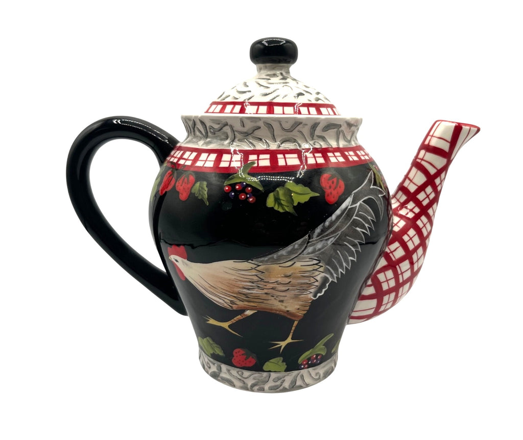 Bella Casa by Ganz Hand-Painted Ceramic Rooster & Strawberry Teapot and Sugar Bowl With Lid Black & Red Rustic Farmhouse Decor
