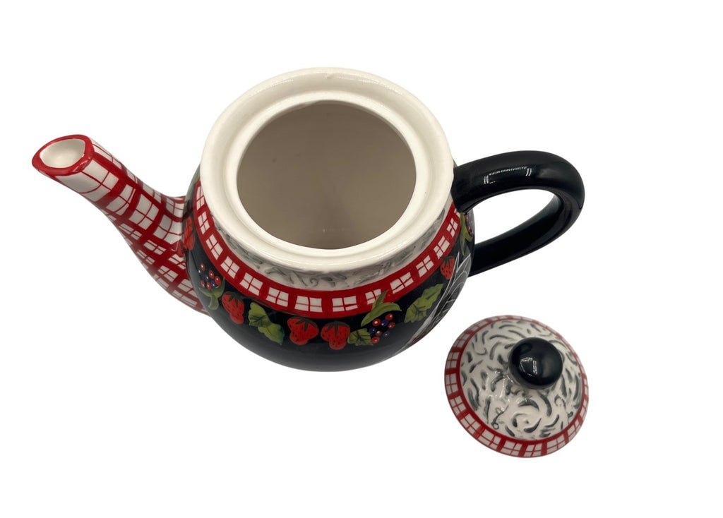 Bella Casa by Ganz Hand-Painted Ceramic Rooster & Strawberry Teapot and Sugar Bowl With Lid Black & Red Rustic Farmhouse Decor