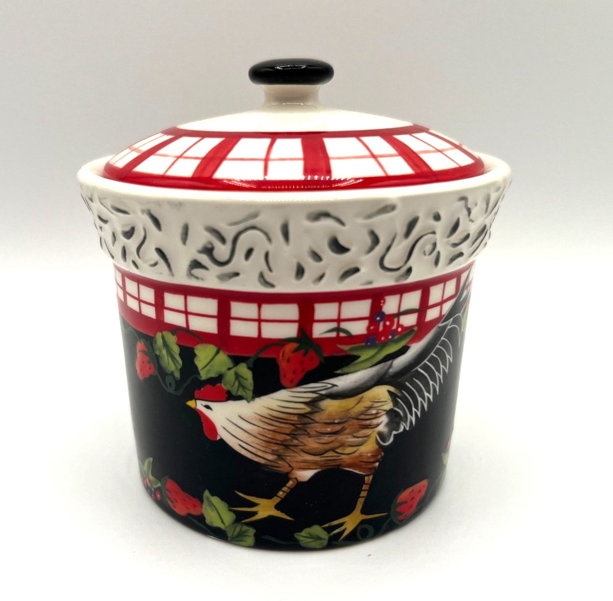 Bella Casa by Ganz Hand-Painted Ceramic Rooster & Strawberry Teapot and Sugar Bowl With Lid Black & Red Rustic Farmhouse Decor