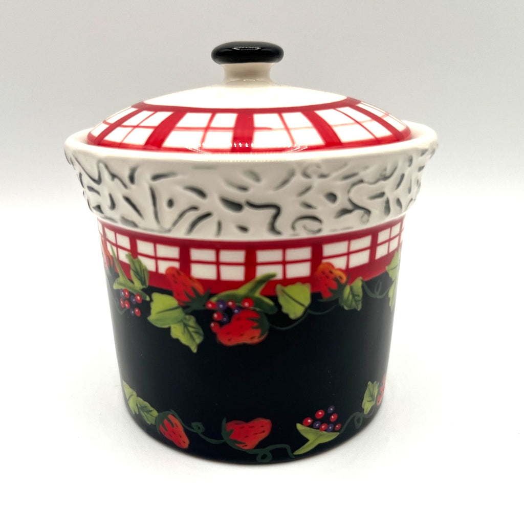Bella Casa by Ganz Hand-Painted Ceramic Rooster & Strawberry Teapot and Sugar Bowl With Lid Black & Red Rustic Farmhouse Decor