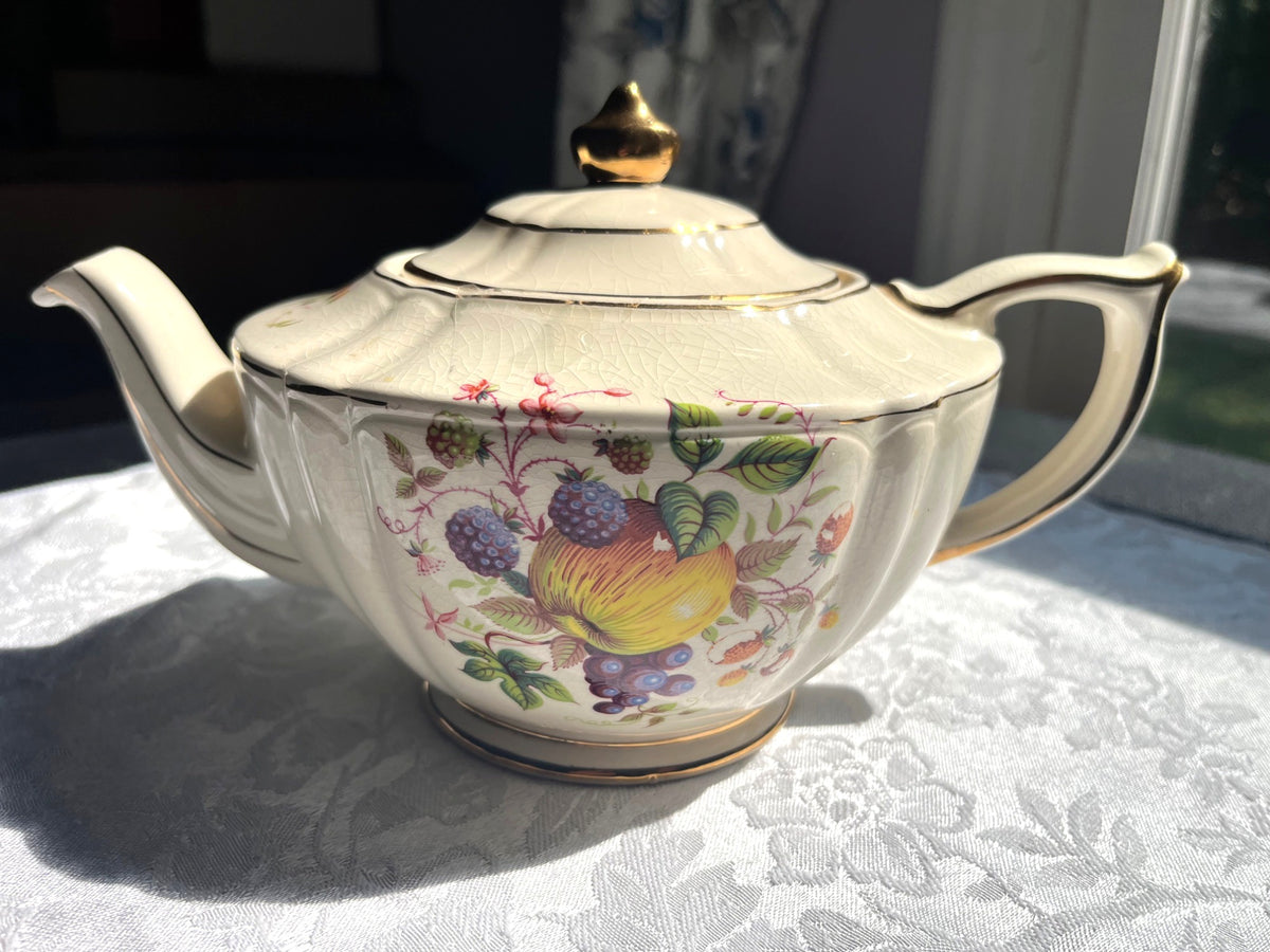 Vintage Sadler England Cream Teapot With Fruit & Floral Design Gold Trim 2-Piece Set