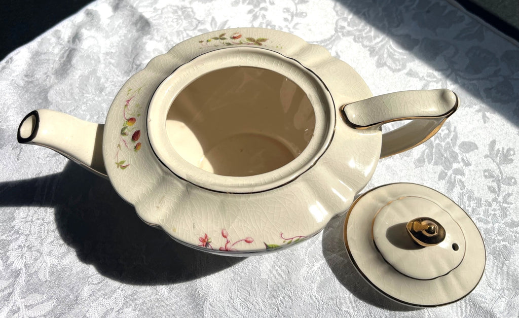 Vintage Sadler England Cream Teapot With Fruit & Floral Design Gold Trim 2-Piece Set