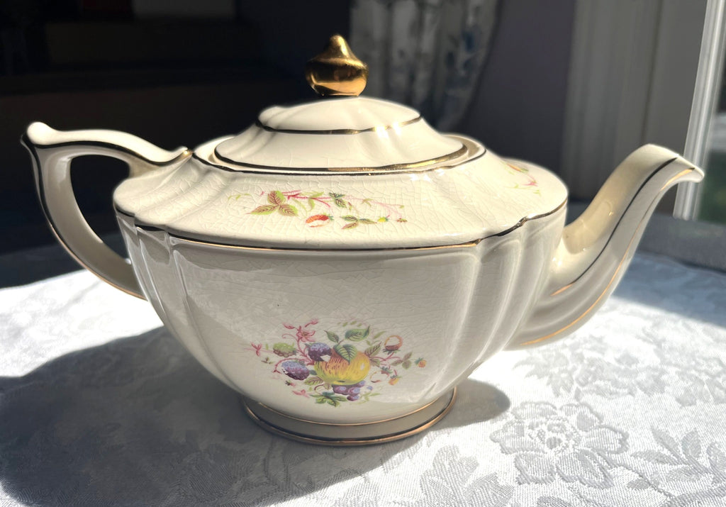Vintage Sadler England Cream Teapot With Fruit & Floral Design Gold Trim 2-Piece Set