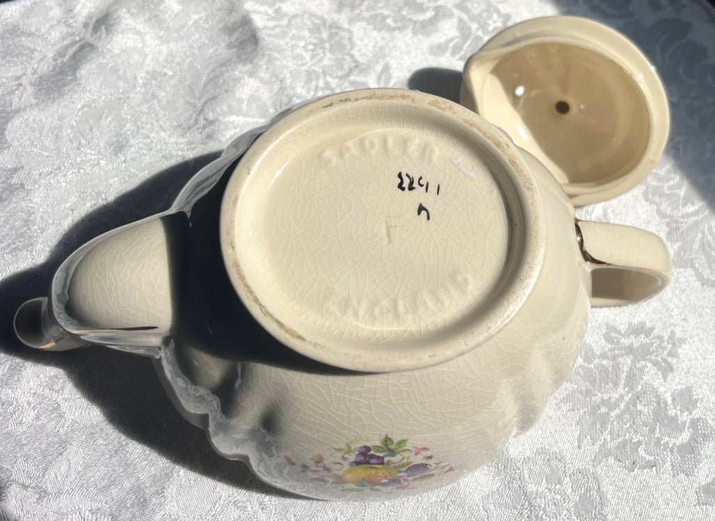 Vintage Sadler England Cream Teapot With Fruit & Floral Design Gold Trim 2-Piece Set