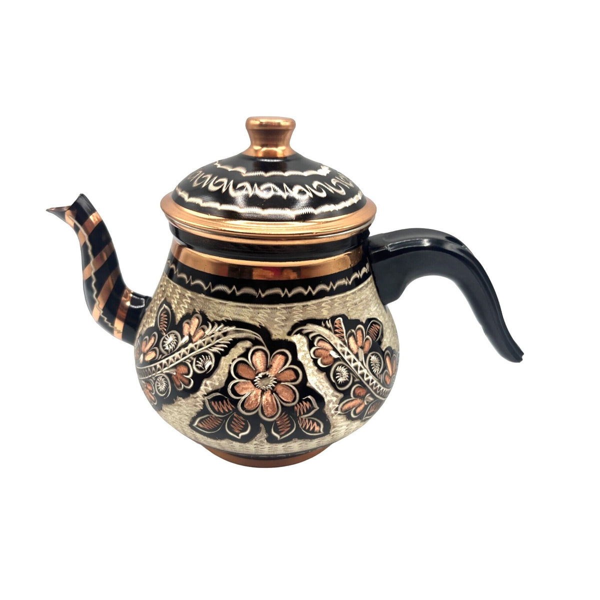 Hand-Painted and Etched Floral Copper Tea Kettle With Lid and Pedestal Base