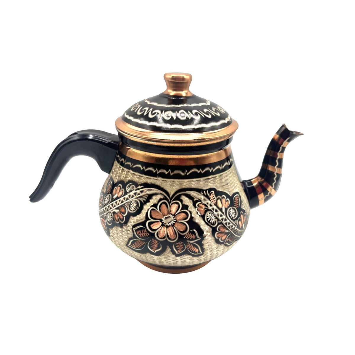 Hand-Painted and Etched Floral Copper Tea Kettle With Lid and Pedestal Base