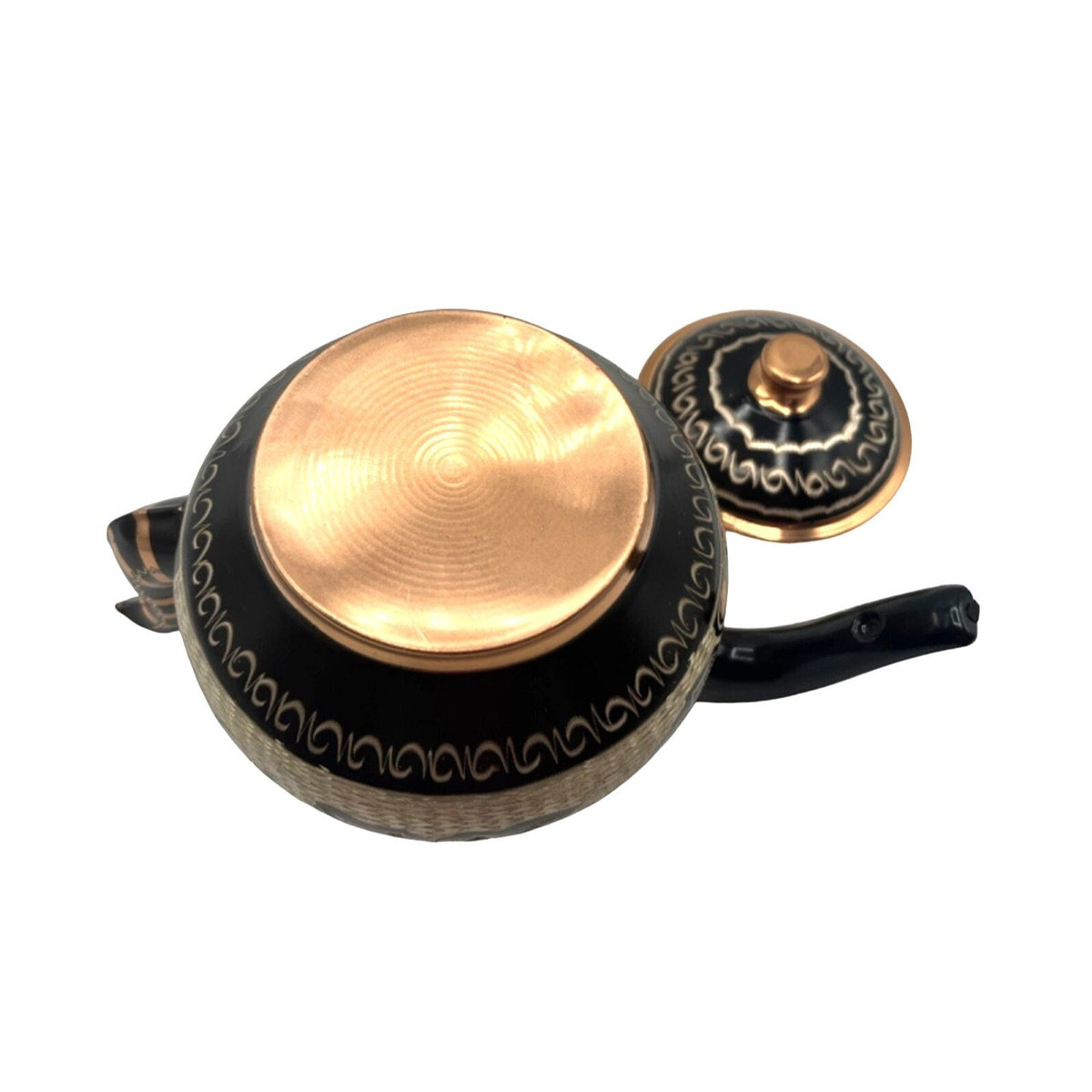 Hand-Painted and Etched Floral Copper Tea Kettle With Lid and Pedestal Base