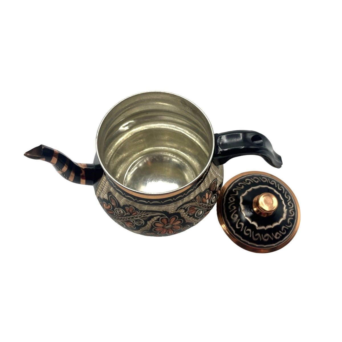 Hand-Painted and Etched Floral Copper Tea Kettle With Lid and Pedestal Base