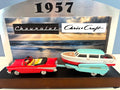 1957 Chris-Craft Model Boat on Trailer w Diecast Chevy Model Diorama Display With Backdrop 10" long