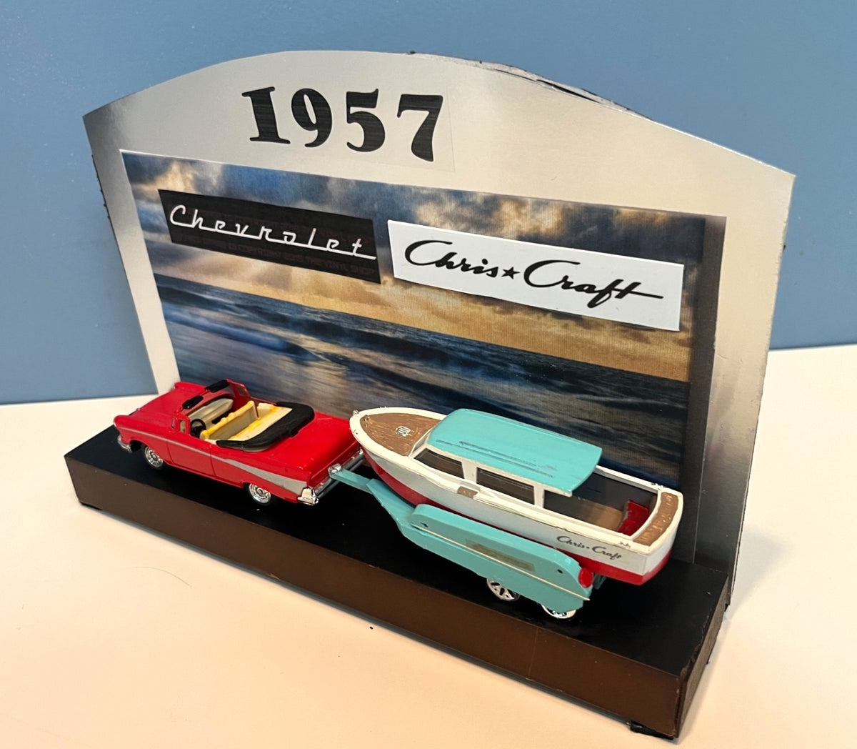 1957 Chris-Craft Model Boat on Trailer w Diecast Chevy Model Diorama Display With Backdrop 10" long
