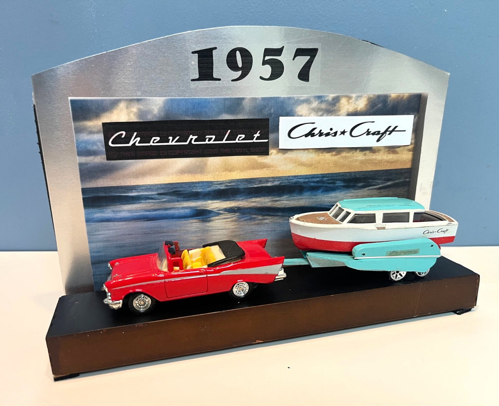 1957 Chris-Craft Model Boat on Trailer w Diecast Chevy Model Diorama Display With Backdrop 10" long